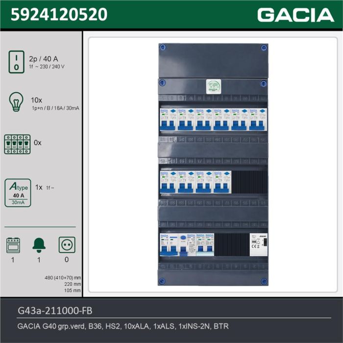GACIA G43a-211000-FB, 1-fase groepenkast 40A met aardlekautomaten, 11-groepen, fornuisgroep, beltrafo, technische gegevens