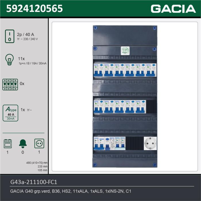 GACIA G43a-211100-FC1, 1-fase groepenkast 40A met aardlekautomaten, 12-groepen, fornuisgroep, 1V-contactdoos, technische gegevens