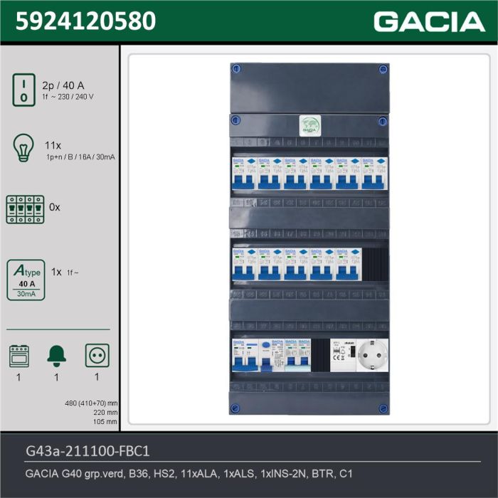 GACIA G43a-211100-FBC1, 1-fase groepenkast 40A met aardlekautomaten, 12-groepen, fornuisgroep, beltrafo, 1V-contactdoos, technische gegevens