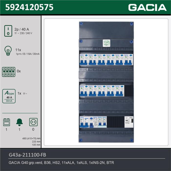 GACIA G43a-211100-FB, 1-fase groepenkast 40A met aardlekautomaten, 12-groepen, fornuisgroep, beltrafo, technische gegevens
