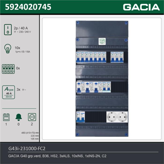 GACIA G43i-231000-FC2, 1-fase groepenkast 40A met installatieautomaten, 11-groepen, fornuisgroep, 2V-contactdoos, technische gegevens