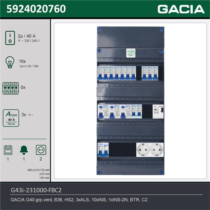 GACIA G43i-231000-FBC2, 1-fase groepenkast 40A met installatieautomaten, 11-groepen, fornuisgroep, beltrafo, 2V-contactdoos, technische gegevens