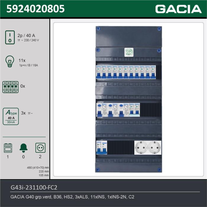 GACIA G43i-231100-FC2, 1-fase groepenkast 40A met installatieautomaten, 12-groepen, fornuisgroep, 2V-contactdoos, technische gegevens