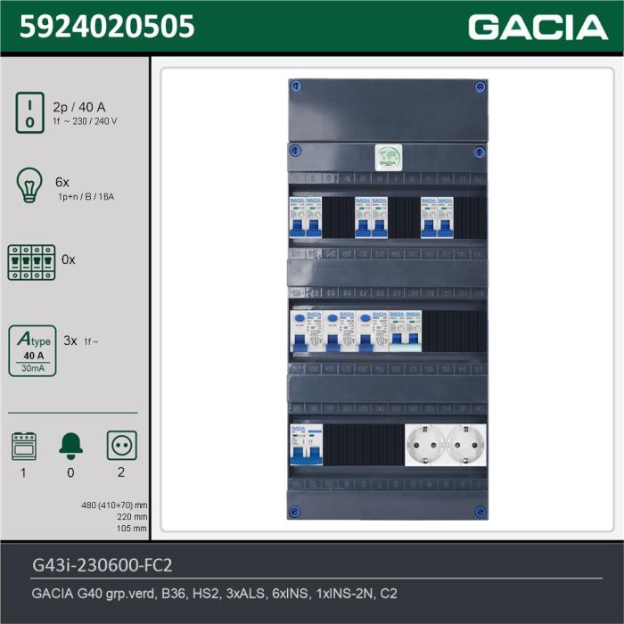GACIA G43i-230600-FC2, 1-fase groepenkast 40A met installatieautomaten, 7-groepen, fornuisgroep, 2V-contactdoos, technische gegevens