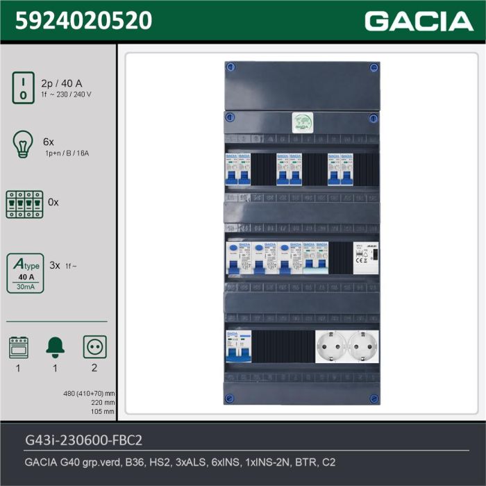 GACIA G43i-230600-FBC2, 1-fase groepenkast 40A met installatieautomaten, 7-groepen, fornuisgroep, beltrafo, 2V-contactdoos, technische gegevens