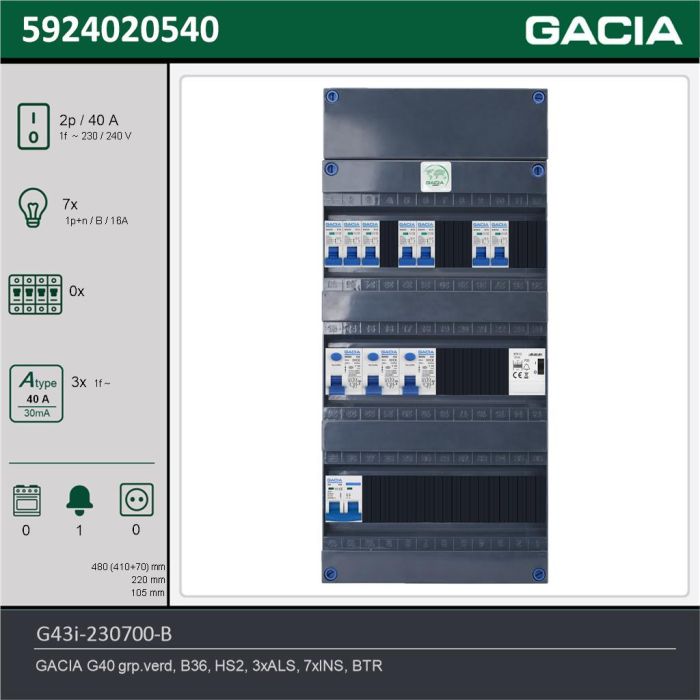 GACIA G43i-230700-B, 1-fase groepenkast 40A met installatieautomaten, 7-groepen, beltrafo, technische gegevens