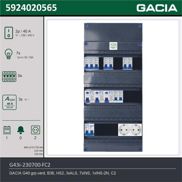 GACIA G43i-230700-FC2, 1-fase groepenkast 40A met installatieautomaten, 8-groepen, fornuisgroep, 2V-contactdoos, technische gegevens