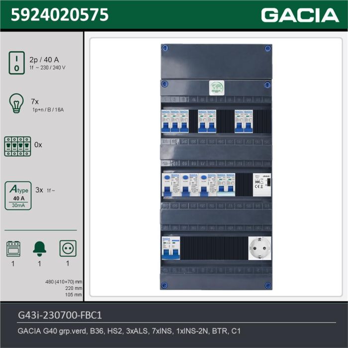 GACIA G43i-230700-FBC1, 1-fase groepenkast 40A met installatieautomaten, 8-groepen, fornuisgroep, beltrafo, 1V-contactdoos, technische gegevens