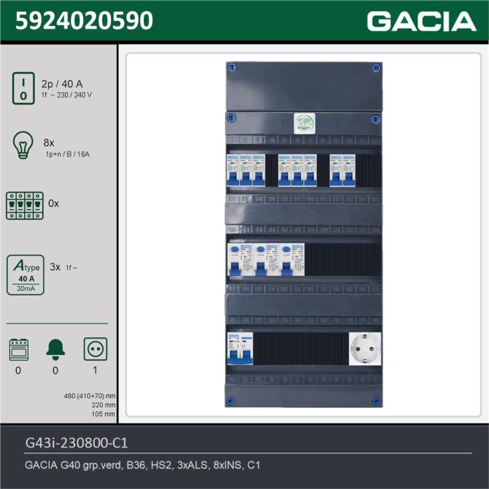 GACIA G43i-230800-C1, 1-fase groepenkast 40A met installatieautomaten, 8-groepen, 1V-contactdoos, technische gegevens