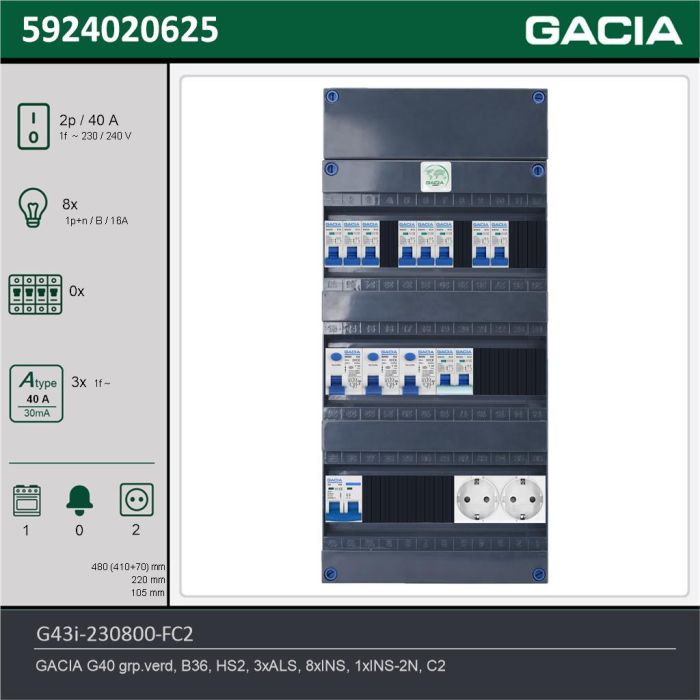 GACIA G43i-230800-FC2, 1-fase groepenkast 40A met installatieautomaten, 9-groepen, fornuisgroep, 2V-contactdoos, technische gegevens
