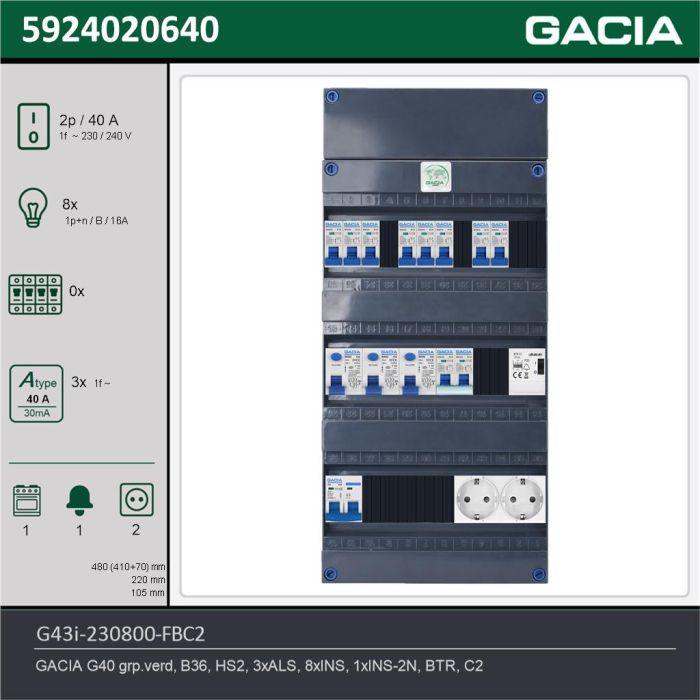 GACIA G43i-230800-FBC2, 1-fase groepenkast 40A met installatieautomaten, 9-groepen, fornuisgroep, beltrafo, 2V-contactdoos, technische gegevens
