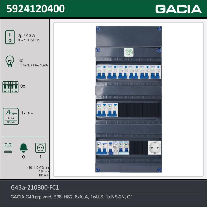 GACIA G43a-210800-FC1, 1-fase groepenkast 40A met aardlekautomaten, 9-groepen, fornuisgroep, 1V-contactdoos, technische gegevens