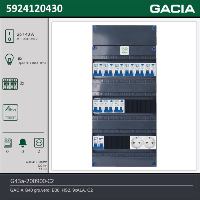 GACIA G43a-200900-C2, 1-fase groepenkast 40A met aardlekautomaten, 9-groepen, 2V-contactdoos, technische gegevens