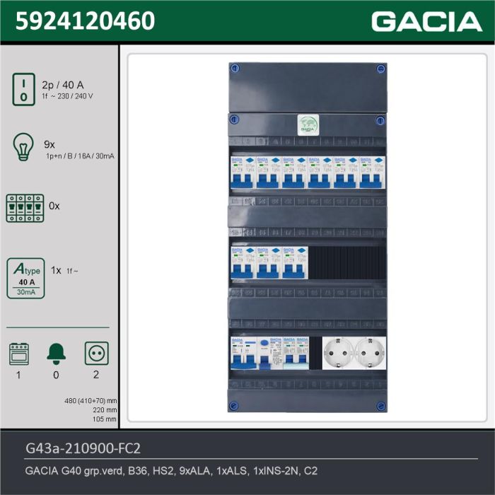 GACIA G43a-210900-FC2, 1-fase groepenkast 40A met aardlekautomaten, 10-groepen, fornuisgroep, 2V-contactdoos, technische gegevens
