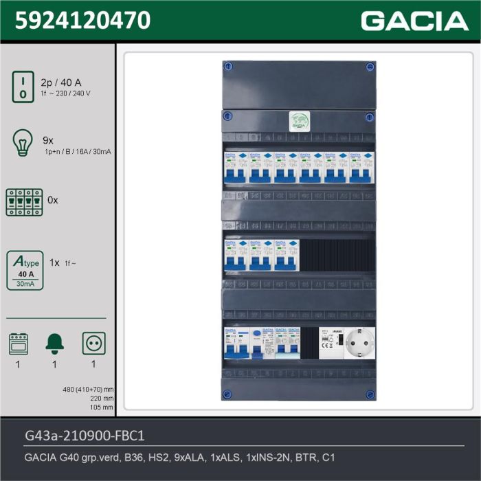 GACIA G43a-210900-FBC1, 1-fase groepenkast 40A met aardlekautomaten, 10-groepen, fornuisgroep, beltrafo, 1V-contactdoos, technische gegevens