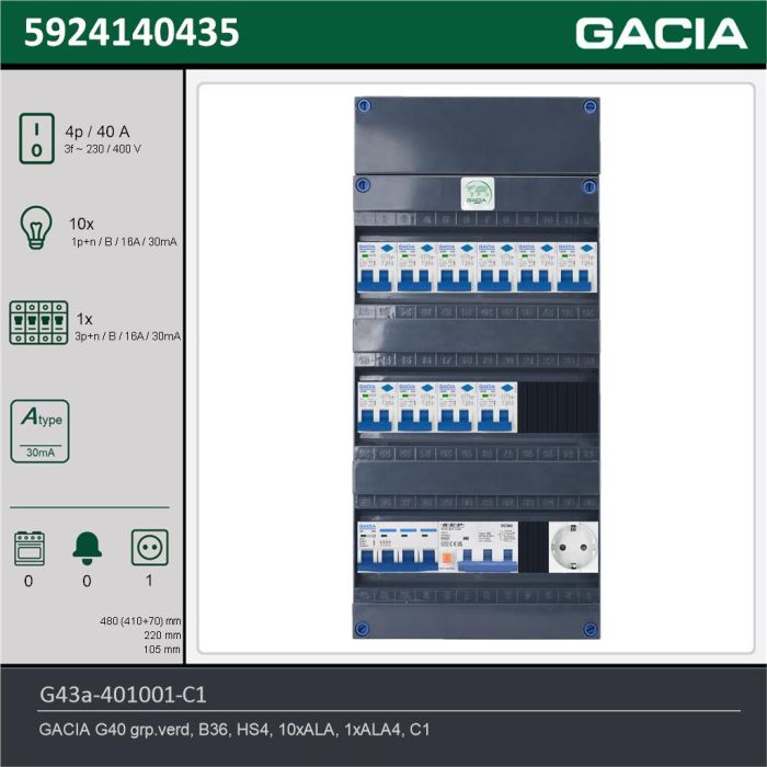 GACIA G43a-401001-C1, 3-fase groepenkast 40A met aardlekautomaten, 11-groepen, 1V-contactdoos, technische gegevens