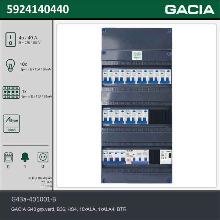 GACIA G43a-401001-B, 3-fase groepenkast 40A met aardlekautomaten, 11-groepen, beltrafo, technische gegevens