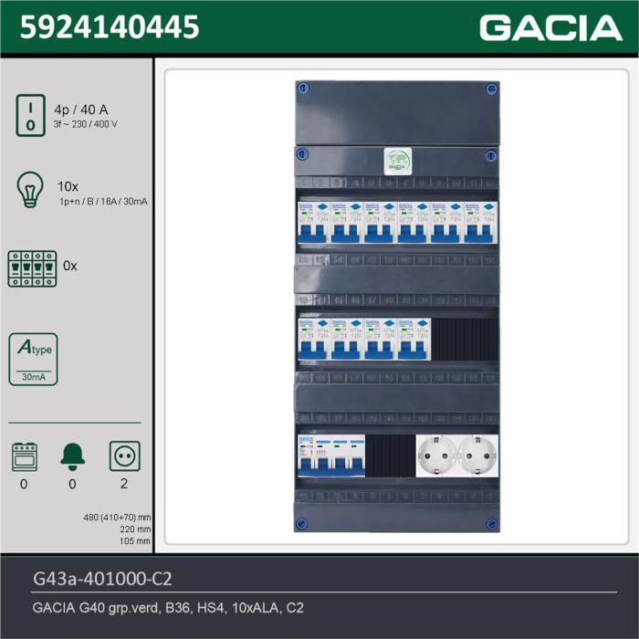 GACIA G43a-401000-C2, 3-fase groepenkast 40A met aardlekautomaten, 10-groepen, 2V-contactdoos, technische gegevens