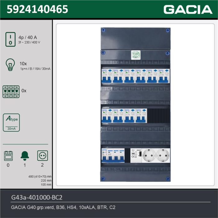 GACIA G43a-401000-BC2, 3-fase groepenkast 40A met aardlekautomaten, 10-groepen, beltrafo, 2V-contactdoos, technische gegevens