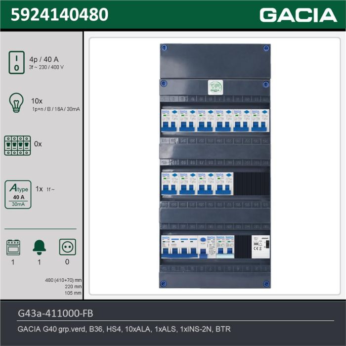 GACIA G43a-411000-FB, 3-fase groepenkast 40A met aardlekautomaten, 11-groepen, fornuisgroep, beltrafo, technische gegevens