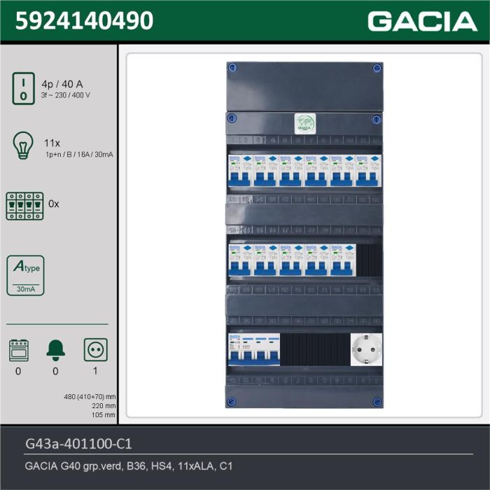 GACIA G43a-401100-C1, 3-fase groepenkast 40A met aardlekautomaten, 11-groepen, 1V-contactdoos, technische gegevens