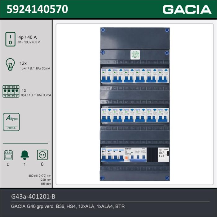 GACIA G43a-401201-B, 3-fase groepenkast 40A met aardlekautomaten, 13-groepen, beltrafo, technische gegevens