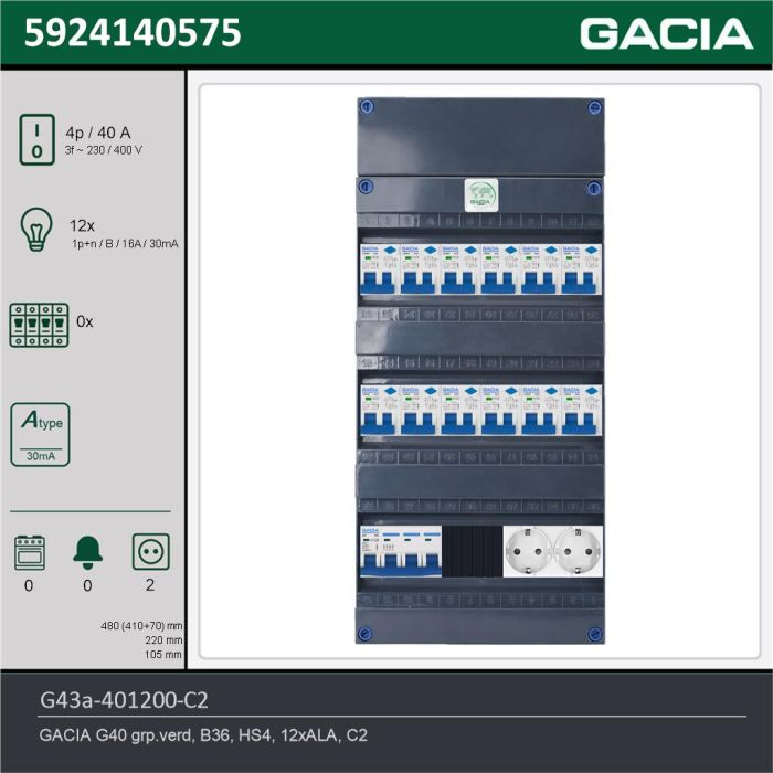 GACIA G43a-401200-C2, 3-fase groepenkast 40A met aardlekautomaten, 12-groepen, 2V-contactdoos, technische gegevens