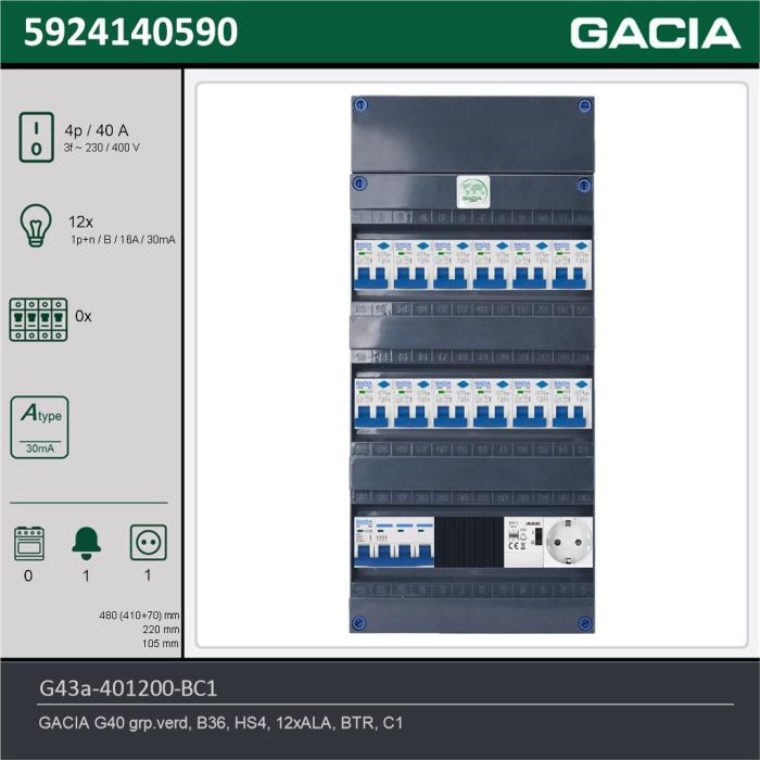 GACIA G43a-401200-BC1, 3-fase groepenkast 40A met aardlekautomaten, 12-groepen, beltrafo, 1V-contactdoos, technische gegevens
