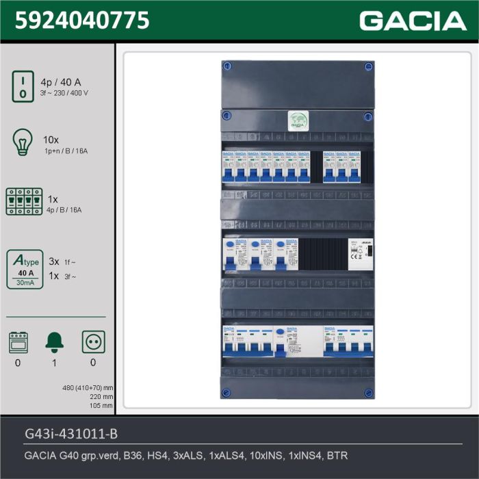GACIA G43i-431011-B, 3-fase groepenkast 40A met installatieautomaten, 11-groepen, beltrafo, technische gegevens