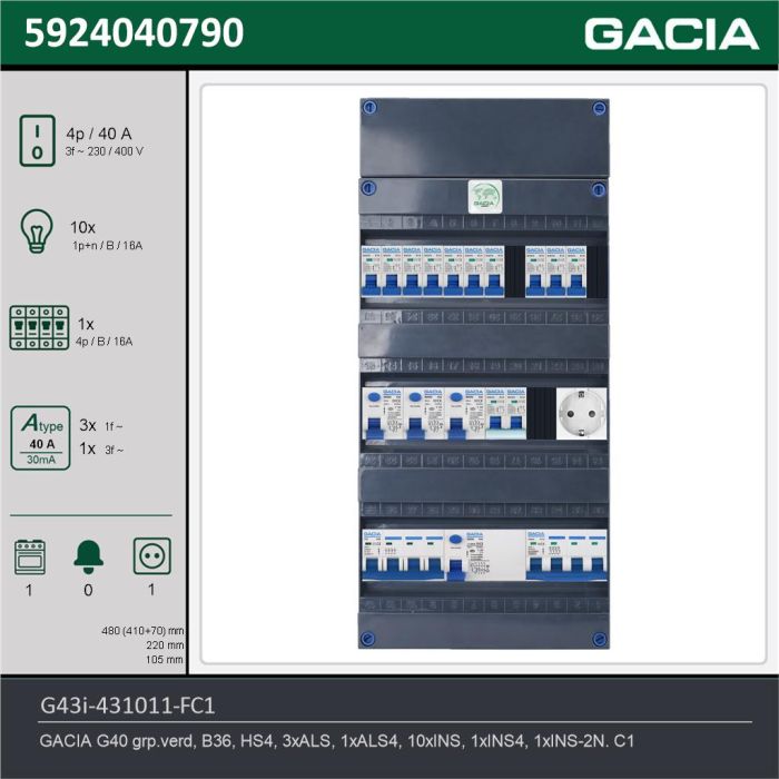 GACIA G43i-431011-FC1, 3-fase groepenkast 40A met installatieautomaten, 12-groepen, fornuisgroep, 1V-contactdoos, technische gegevens