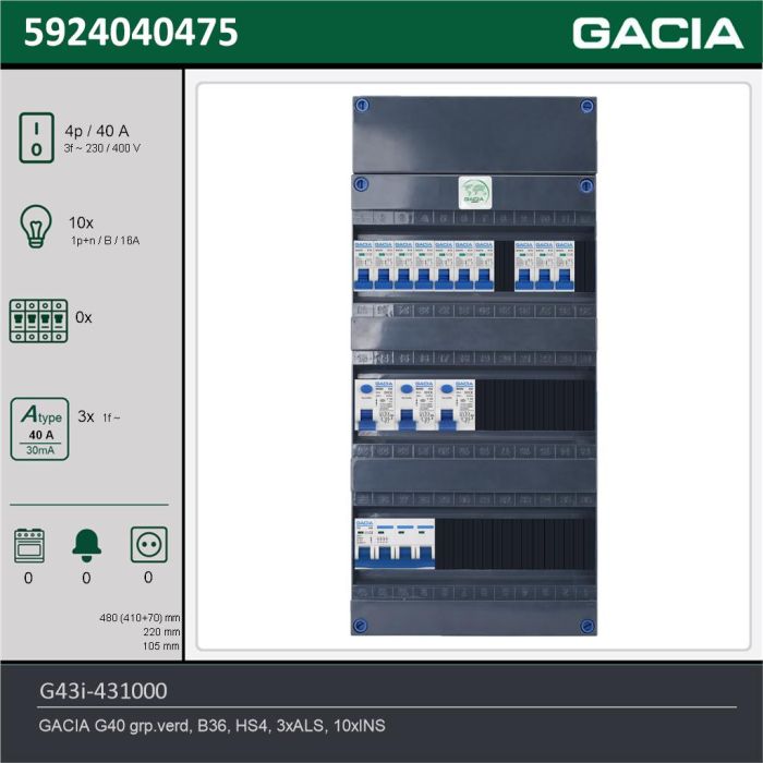 GACIA G43i-431000, 3-fase groepenkast 40A met installatieautomaten, 10-groepen, technische gegevens