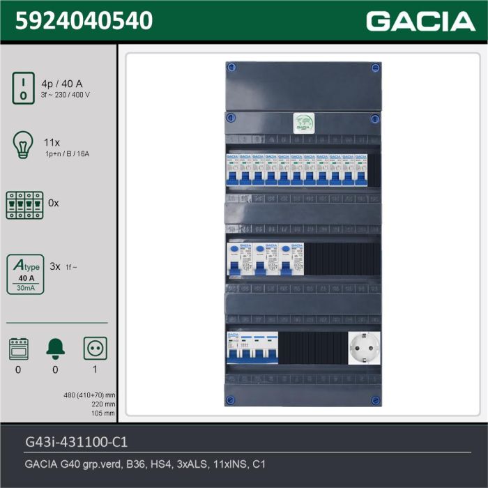 GACIA G43i-431100-C1, 3-fase groepenkast 40A met installatieautomaten, 11-groepen, 1V-contactdoos, technische gegevens
