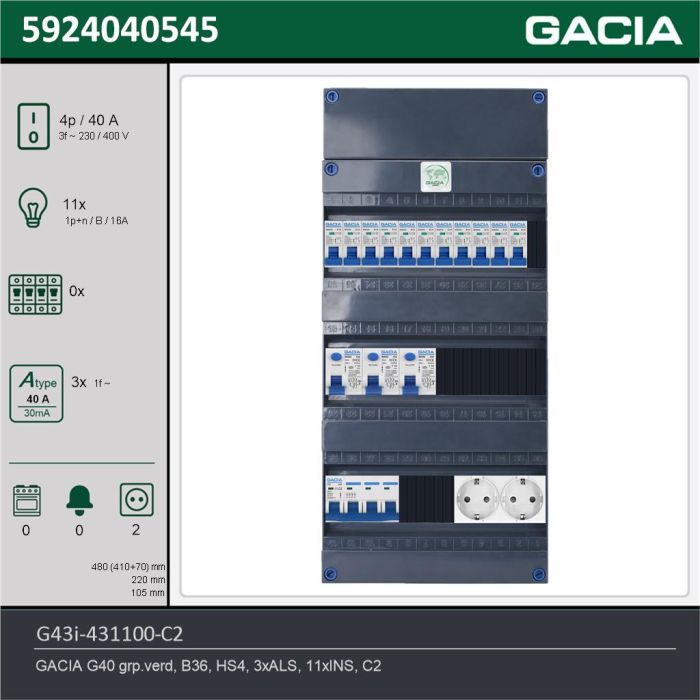 GACIA G43i-431100-C2, 3-fase groepenkast 40A met installatieautomaten, 11-groepen, 2V-contactdoos, technische gegevens