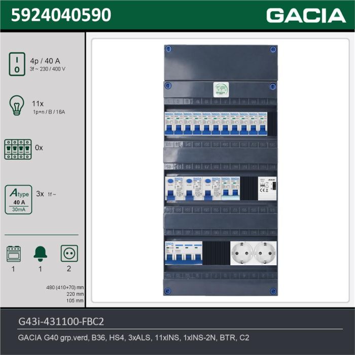 GACIA G43i-431100-FBC2, 3-fase groepenkast 40A met installatieautomaten, 12-groepen, fornuisgroep, beltrafo, 2V-contactdoos, technische gegevens