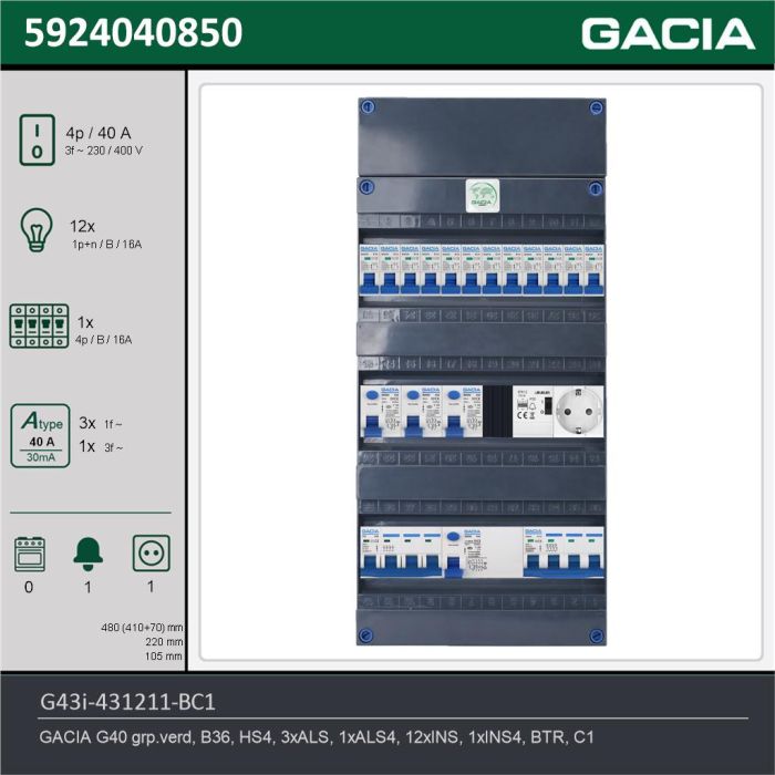GACIA G43i-431211-BC1, 3-fase groepenkast 40A met installatieautomaten, 13-groepen, beltrafo, 1V-contactdoos, technische gegevens