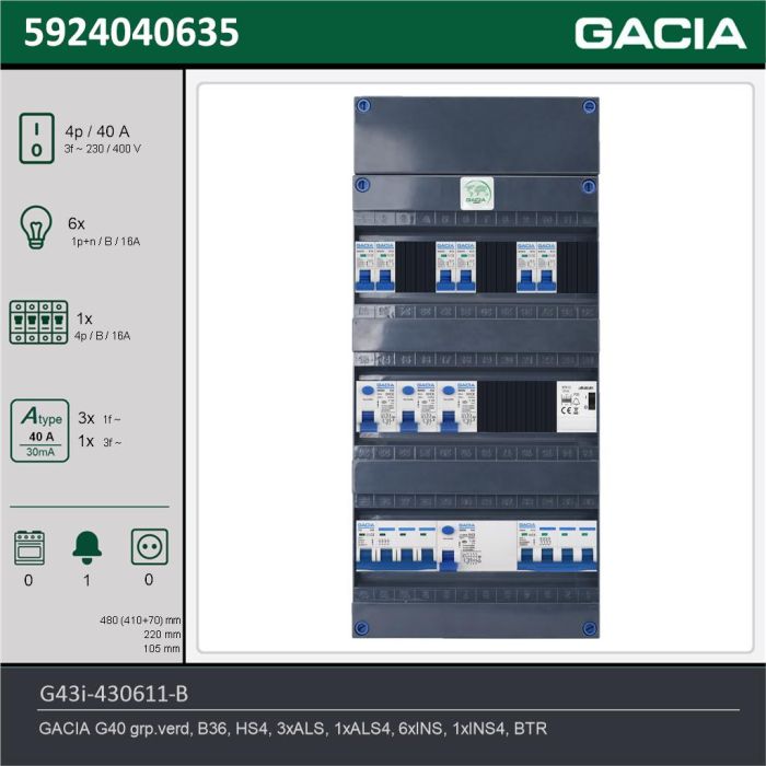 GACIA G43i-430611-B, 3-fase groepenkast 40A met installatieautomaten, 7-groepen, beltrafo, technische gegevens