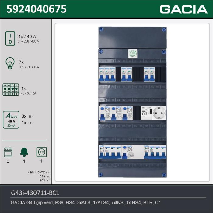 GACIA G43i-430711-BC1, 3-fase groepenkast 40A met installatieautomaten, 8-groepen, beltrafo, 1V-contactdoos, technische gegevens