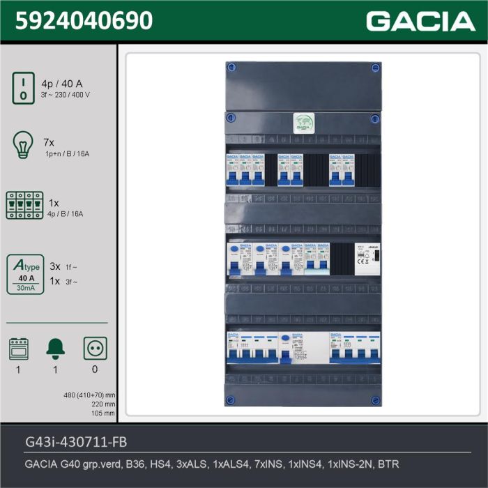 GACIA G43i-430711-FB, 3-fase groepenkast 40A met installatieautomaten, 9-groepen, fornuisgroep, beltrafo, technische gegevens