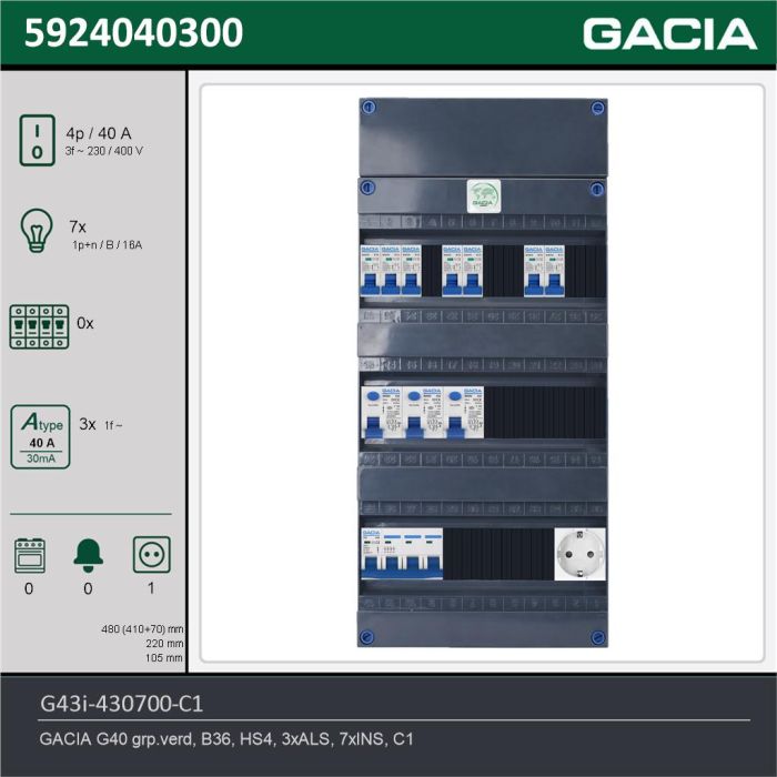 GACIA G43i-430700-C1, 3-fase groepenkast 40A met installatieautomaten, 7-groepen, 1V-contactdoos, technische gegevens