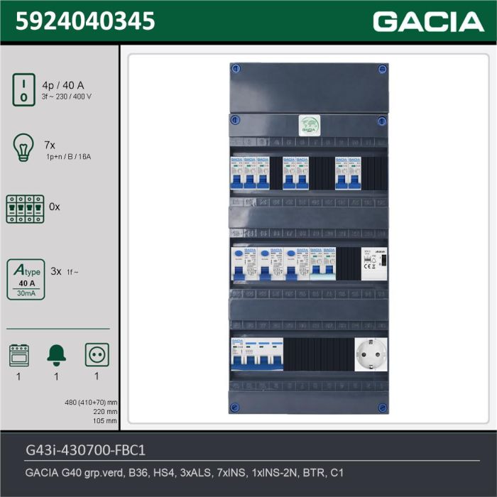 GACIA G43i-430700-FBC1, 3-fase groepenkast 40A met installatieautomaten, 8-groepen, fornuisgroep, beltrafo, 1V-contactdoos, technische gegevens
