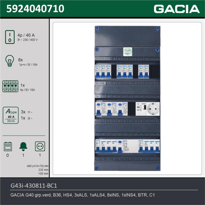 GACIA G43i-430811-BC1, 3-fase groepenkast 40A met installatieautomaten, 9-groepen, beltrafo, 1V-contactdoos, technische gegevens