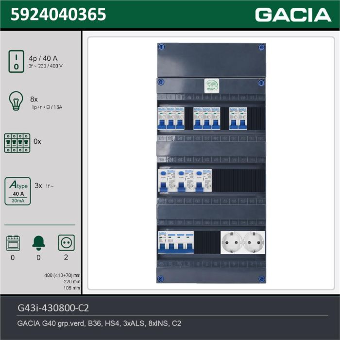 GACIA G43i-430800-C2, 3-fase groepenkast 40A met installatieautomaten, 8-groepen, 2V-contactdoos, technische gegevens