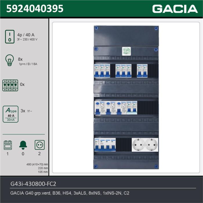GACIA G43i-430800-FC2, 3-fase groepenkast 40A met installatieautomaten, 9-groepen, fornuisgroep, 2V-contactdoos, technische gegevens