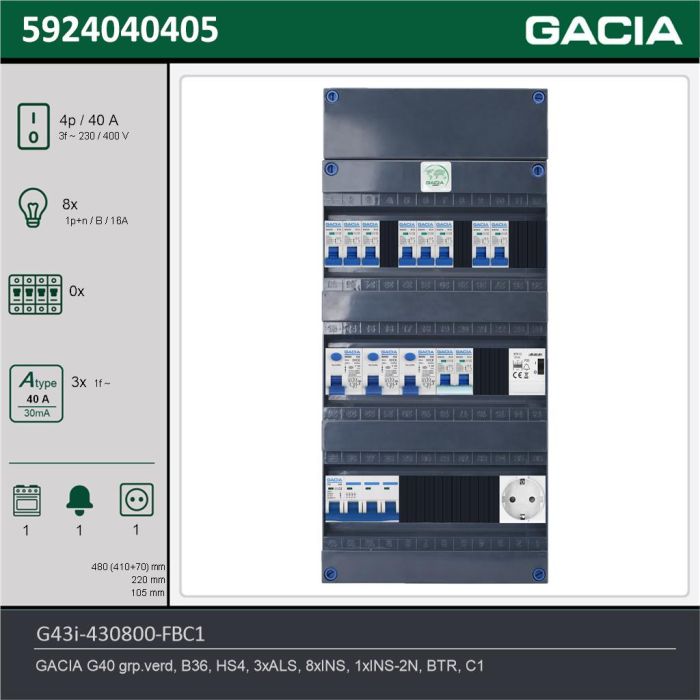GACIA G43i-430800-FBC1, 3-fase groepenkast 40A met installatieautomaten, 9-groepen, fornuisgroep, beltrafo, 1V-contactdoos, technische gegevens