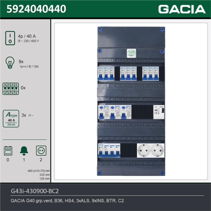 GACIA G43i-430900-BC2, 3-fase groepenkast 40A met installatieautomaten, 9-groepen, beltrafo, 2V-contactdoos, technische gegevens