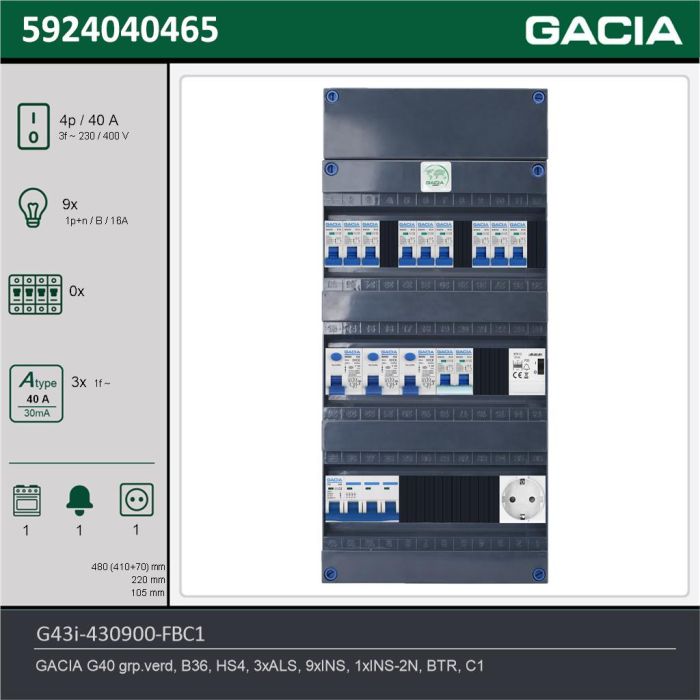 GACIA G43i-430900-FBC1, 3-fase groepenkast 40A met installatieautomaten, 10-groepen, fornuisgroep, beltrafo, 1V-contactdoos, technische gegevens