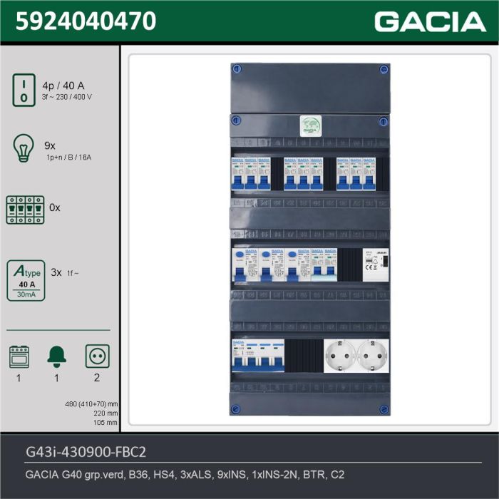 GACIA G43i-430900-FBC2, 3-fase groepenkast 40A met installatieautomaten, 10-groepen, fornuisgroep, beltrafo, 2V-contactdoos, technische gegevens
