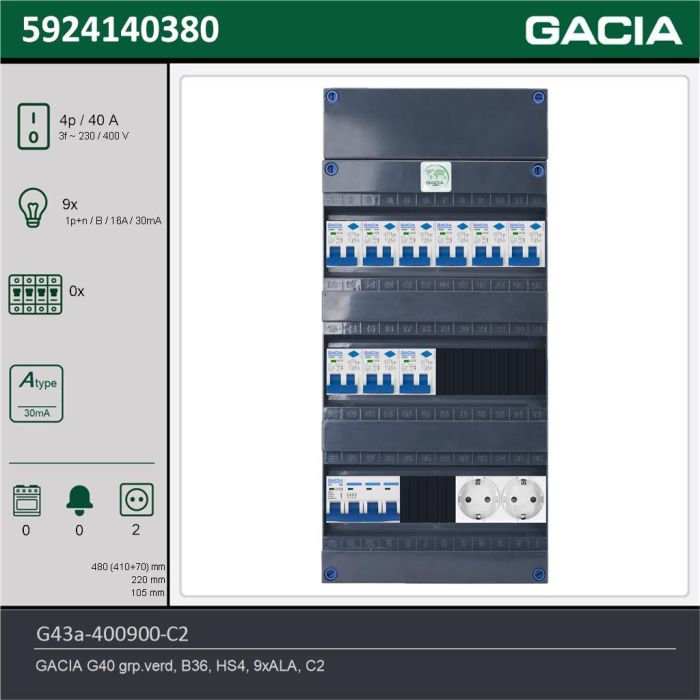 GACIA G43a-400900-C2, 3-fase groepenkast 40A met aardlekautomaten, 9-groepen, 2V-contactdoos, technische gegevens