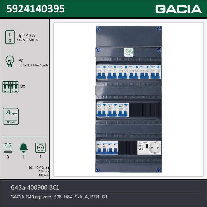 GACIA G43a-400900-BC1, 3-fase groepenkast 40A met aardlekautomaten, 9-groepen, beltrafo, 1V-contactdoos, technische gegevens