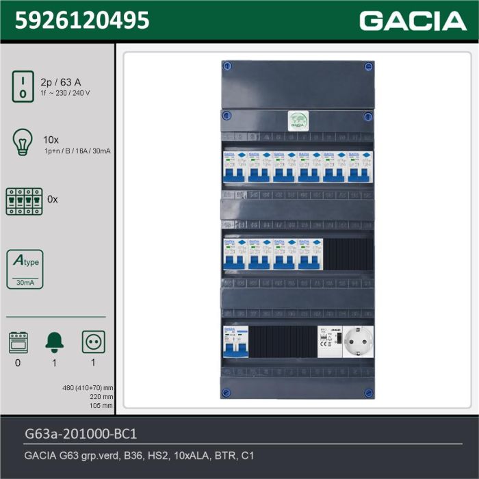 GACIA G63a-201000-BC1, 1-fase groepenkast 63A met aardlekautomaten, 10-groepen, beltrafo, 1V-contactdoos, technische gegevens